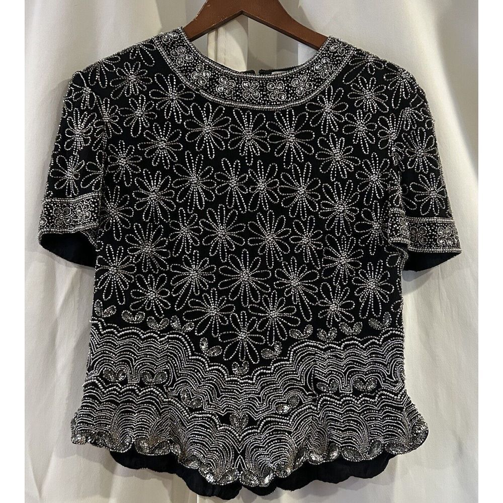 Papell Boutique Evening Short Sleeved Silk Blouse Beaded Size Large